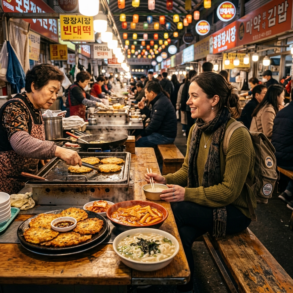 International tourist enjoying bindaetteok mung bean pancakes and tteokbokki at Gwangjang Market stall in Seoul