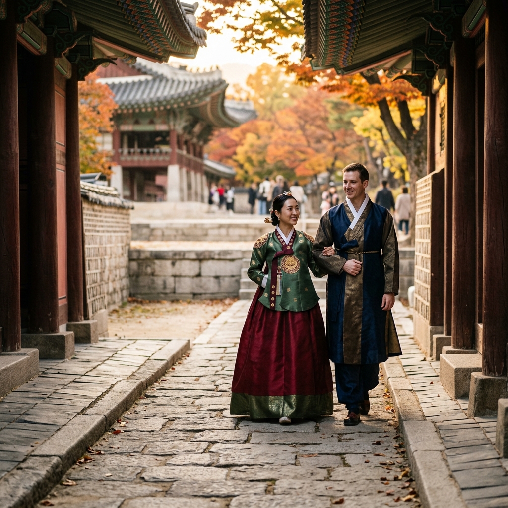 International couple wearing traditional Korean Hanbok walking through Gyeongbokgung Palace in Seoul