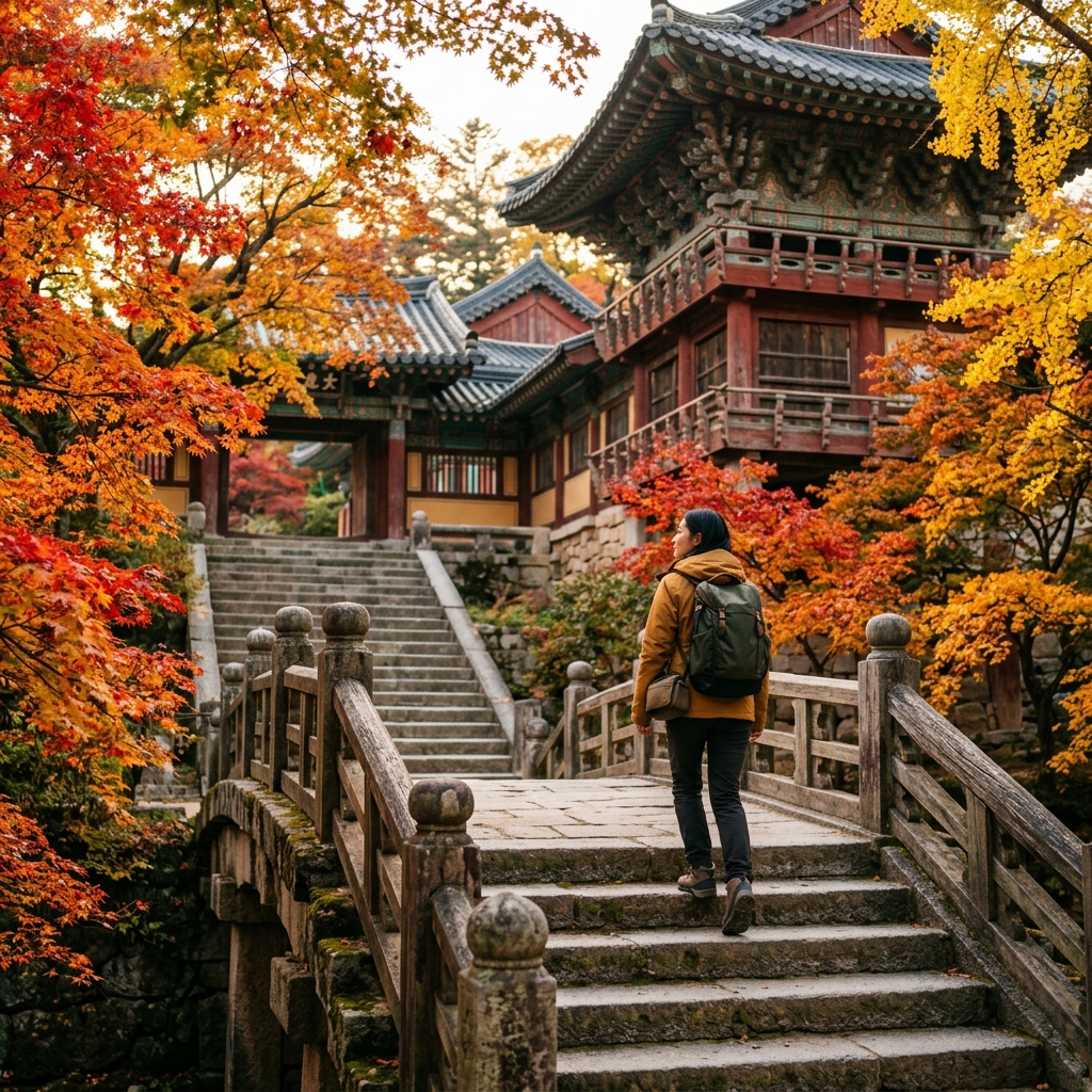 International traveler walking peacefully along stone staircase bridge of Bulguksa Temple in Gyeongju surrounded by autumn trees