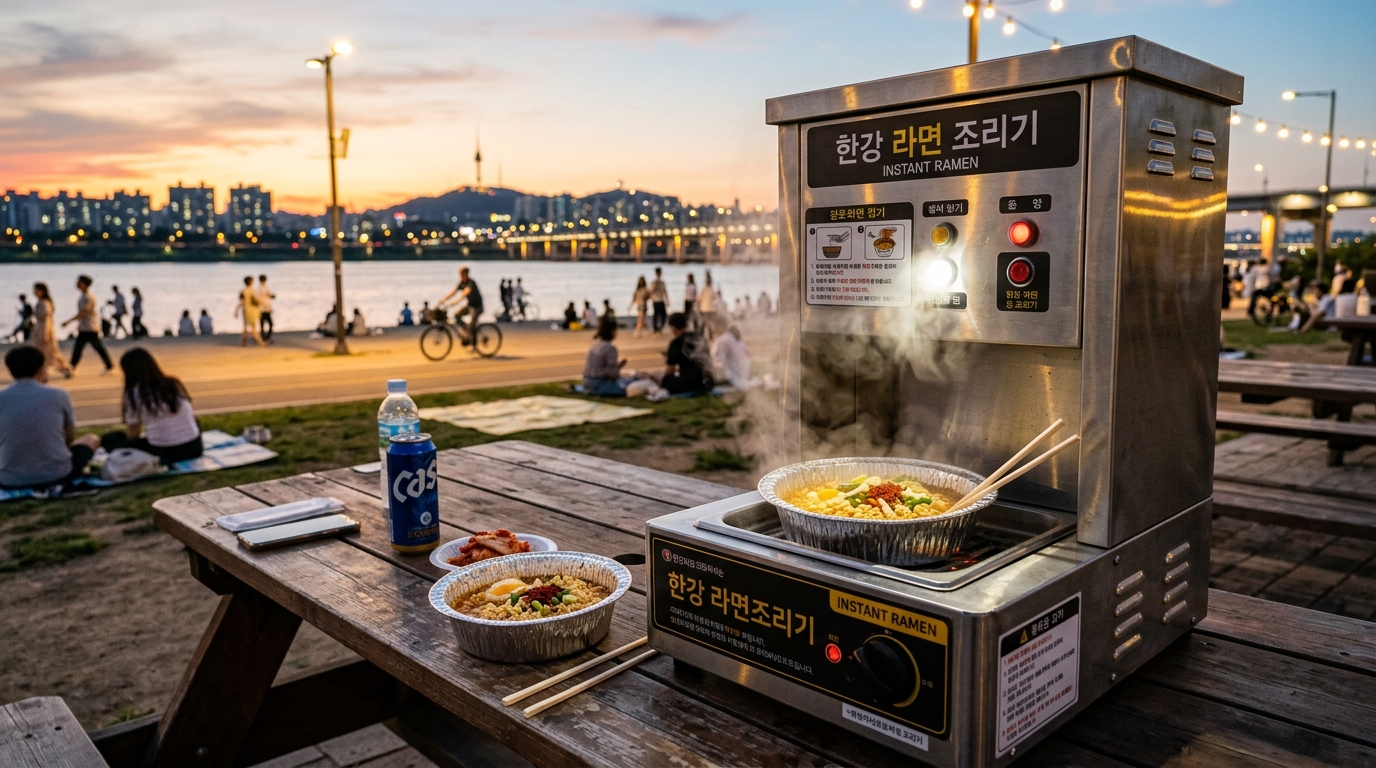 Steaming instant ramen on an outdoor Han River park table in Seoul