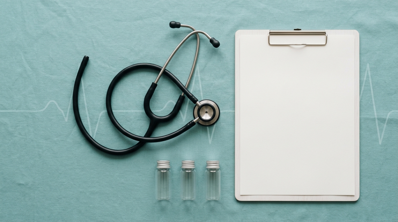 Flat lay of a stethoscope, a blank clipboard, and small sample vials on a teal surface with a faint pulse line