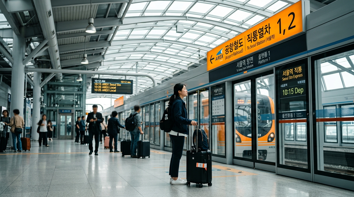 A traveler with luggage at Incheon Airport AREX Express Train station looking at the orange train signage