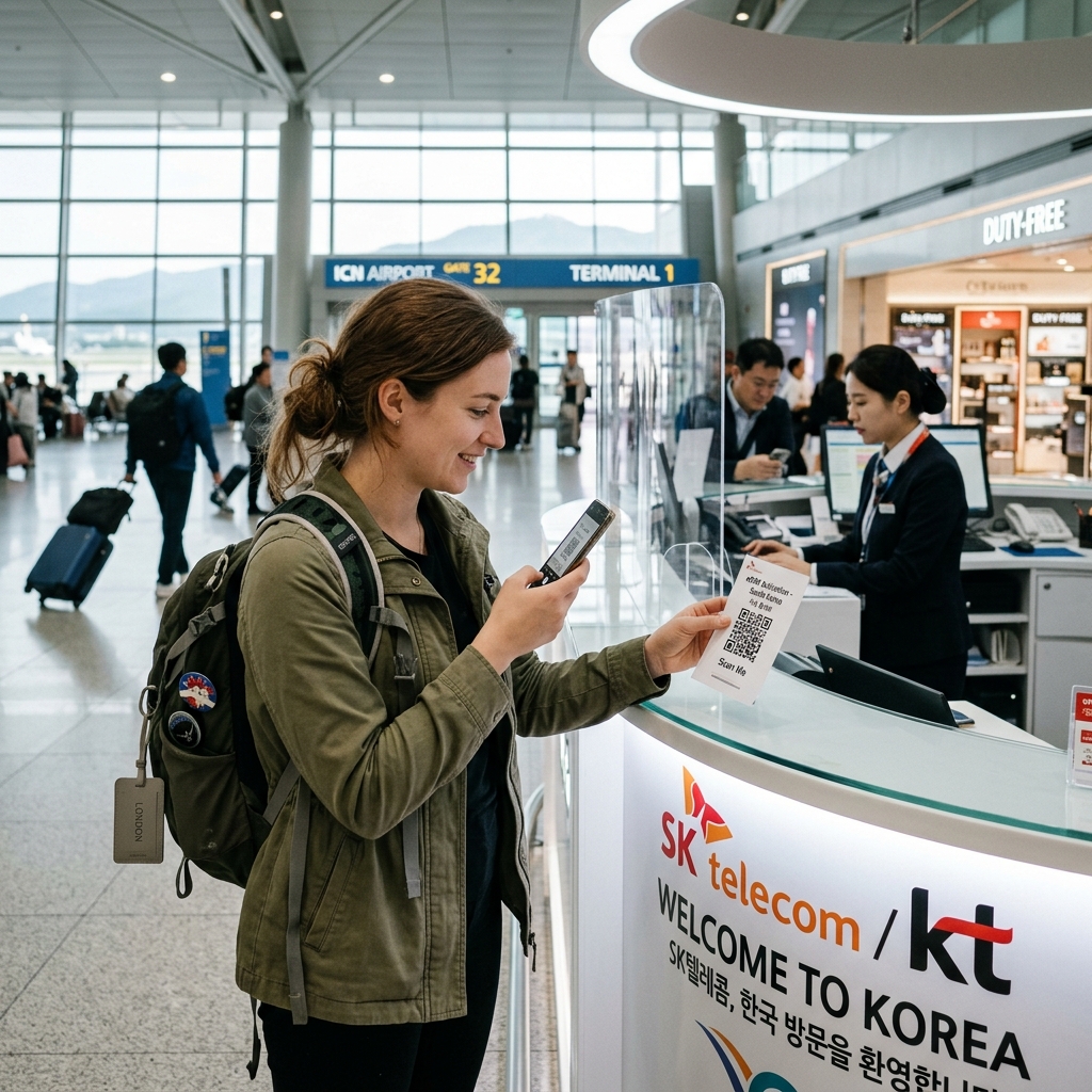 International traveler scanning eSIM QR code at Incheon Airport telecom service counter in Seoul