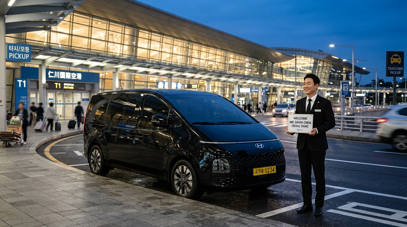 Private passenger limousine van pickup at Incheon International Airport Terminal 1 arrivals curb