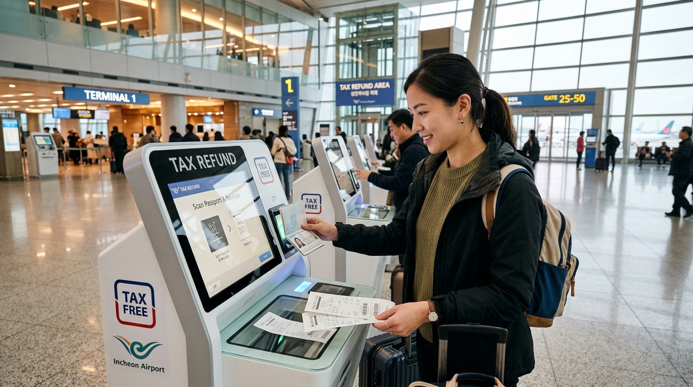 Foreign traveler scanning passport and shopping receipts at Incheon Airport automated tax refund kiosk