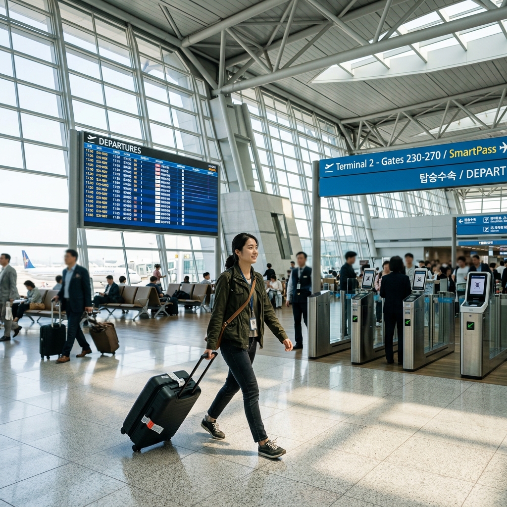 International traveler walking through bright Incheon Airport Terminal 2 departures hall with SmartPass signs