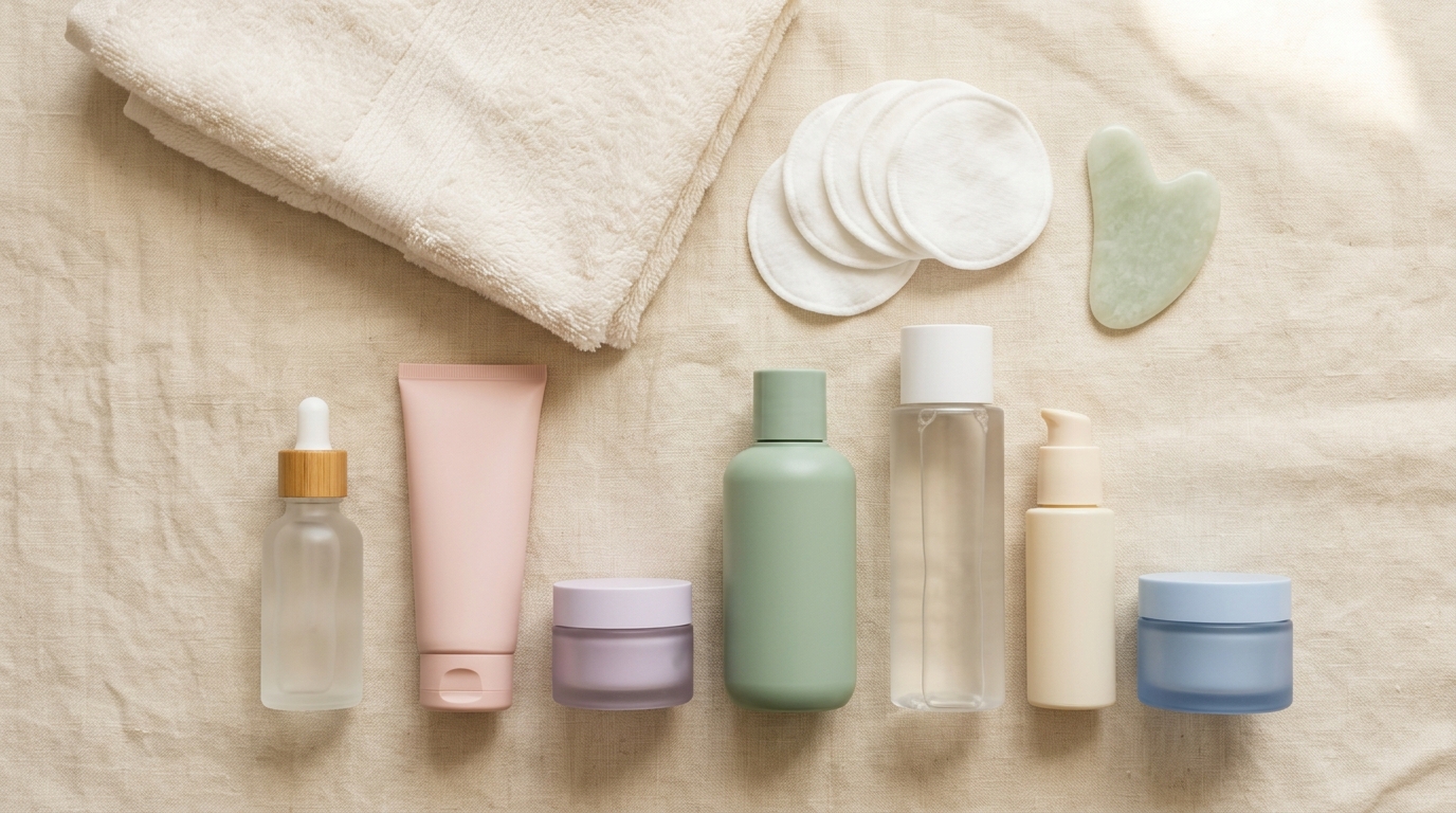 Flat lay of a Korean skincare routine — dropper serum, cream tubes and jars, cotton pads and a gua sha on linen