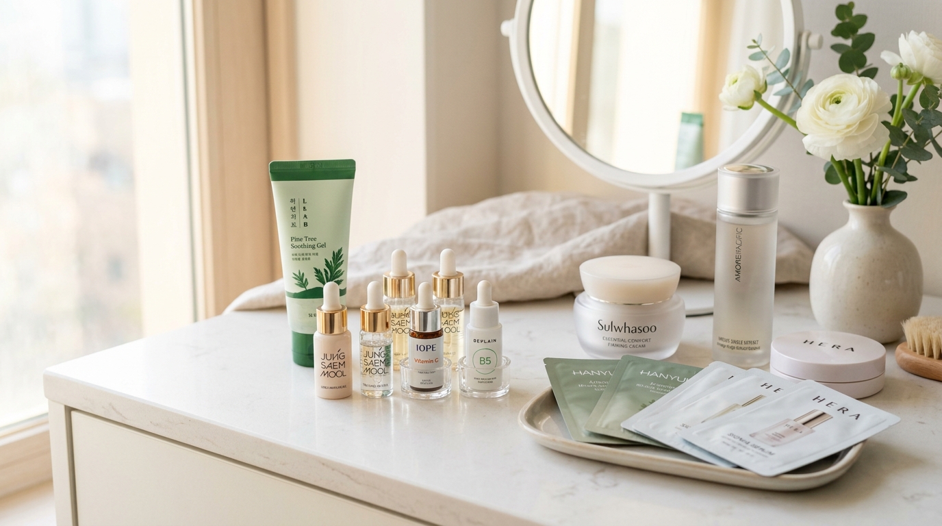 A curated Korean skincare lineup featuring active ampoules, soothing cica gels, and travel-ready single-serve sheet masks