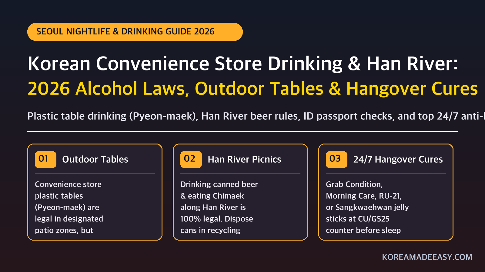 Korean Convenience Store Drinking & Han River: 2026 Alcohol Laws, Outdoor Tables & Hangover Cures