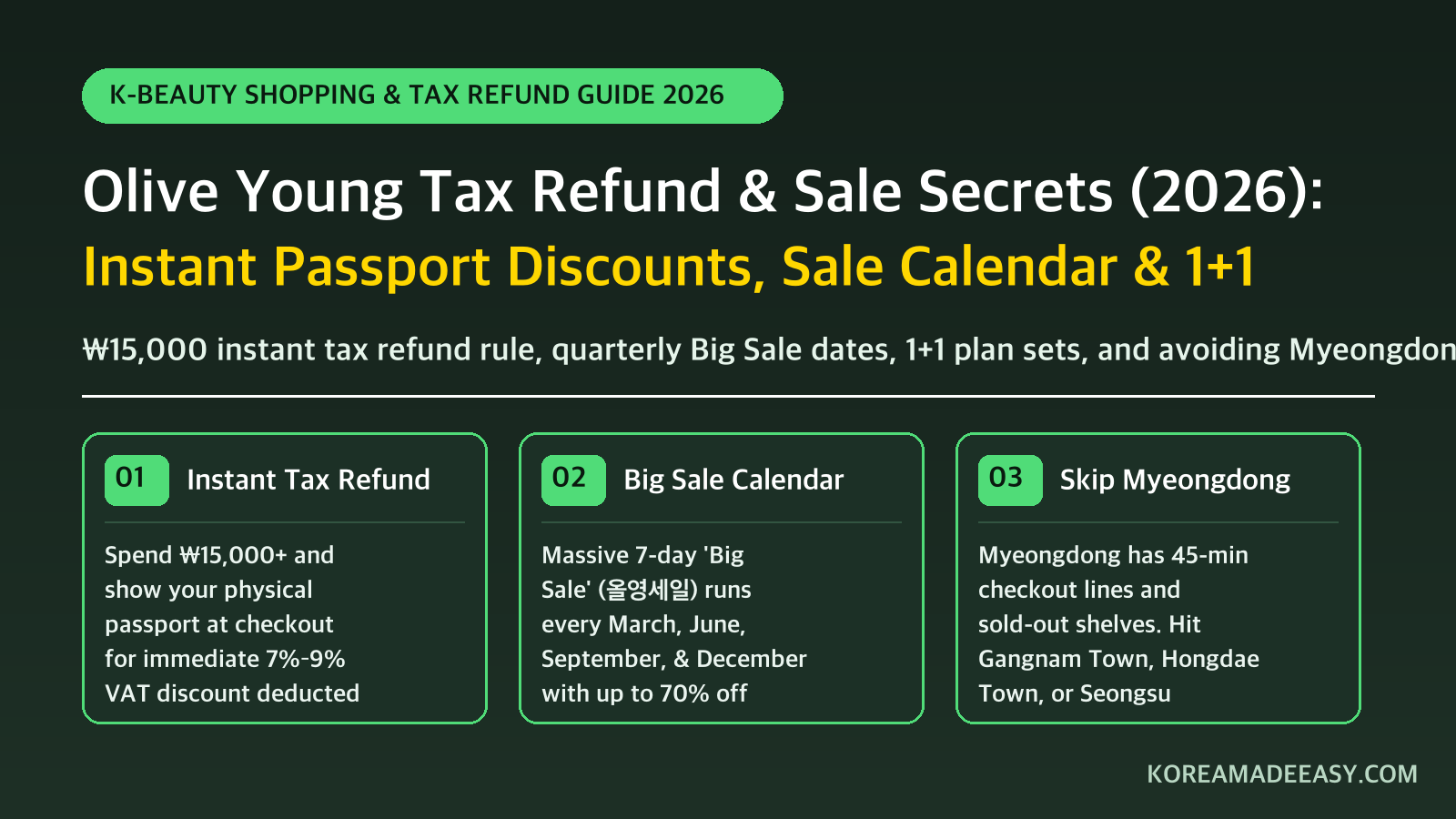 Olive Young Tax Refund & Sale Secrets (2026): Instant Discounts, Sale Calendar & 1+1