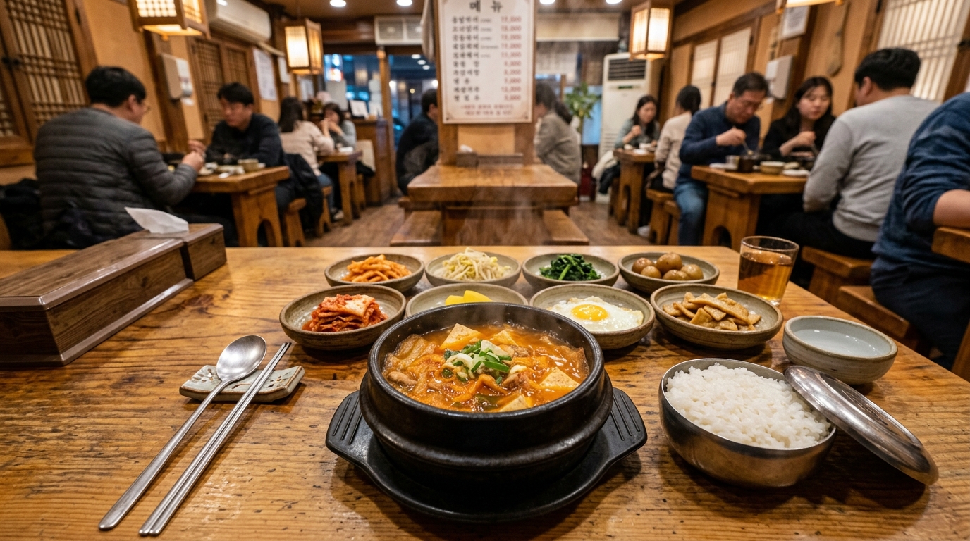 A solo traveler dining comfortably at a traditional Korean restaurant in Seoul with a hot stone pot stew and side dishes