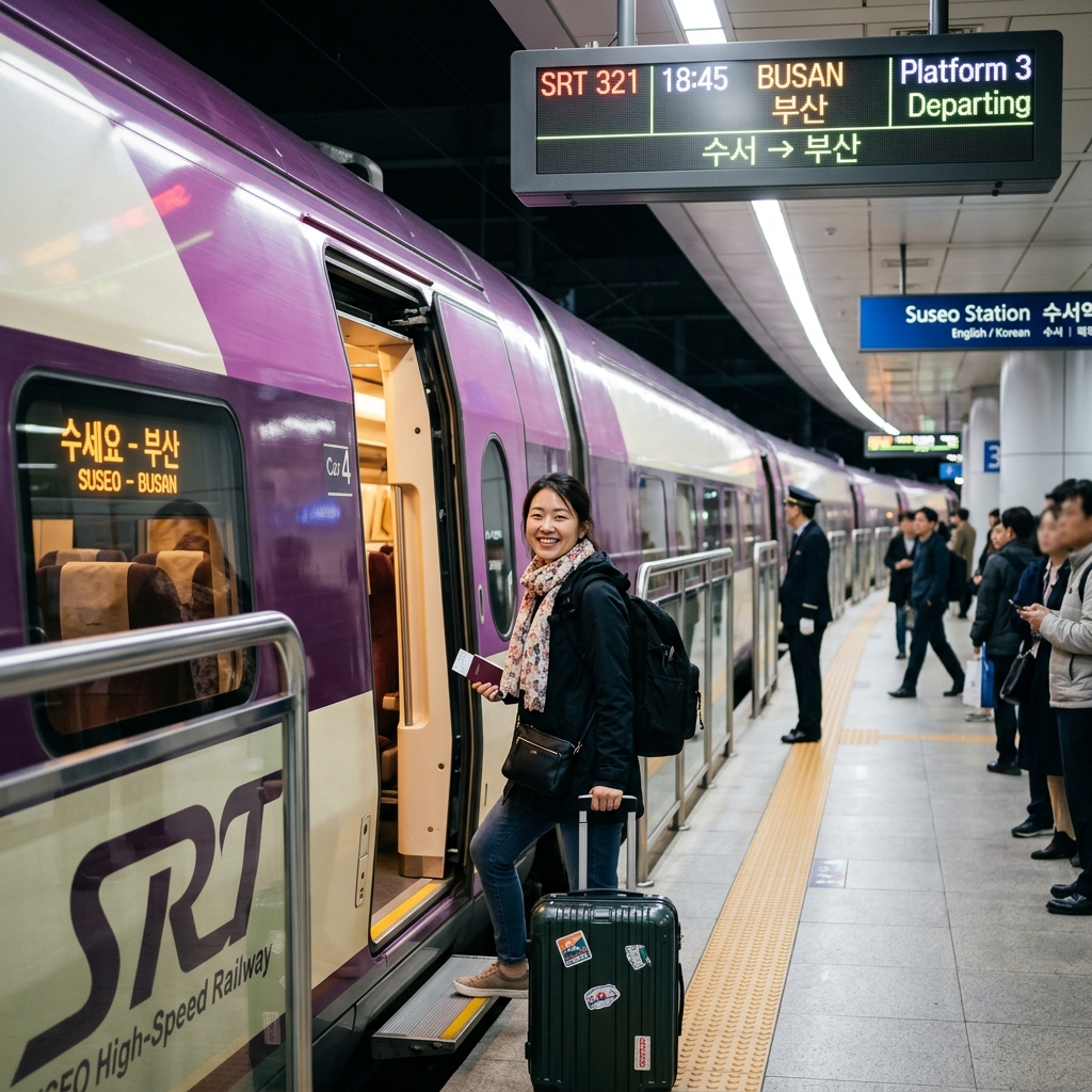 International traveler smiling while boarding modern purple SRT high speed bullet train at Suseo Station