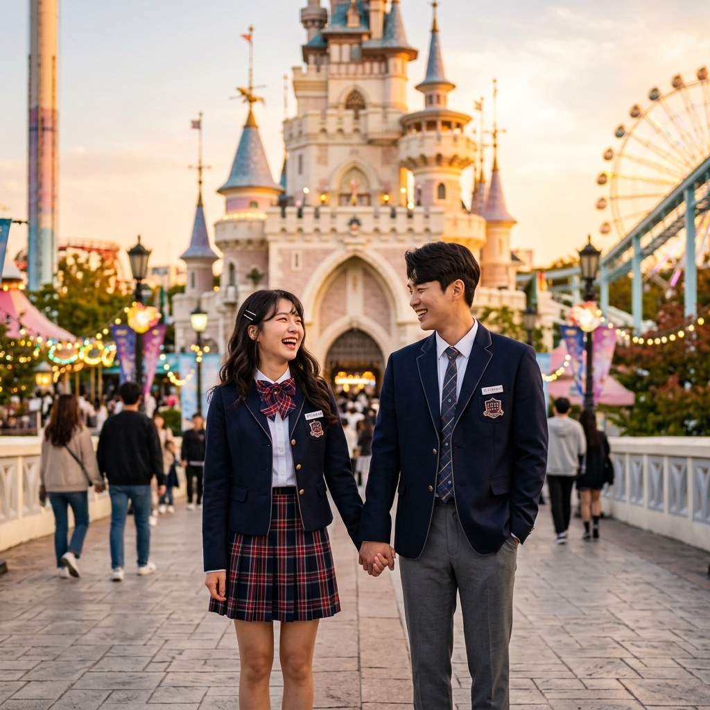 Happy couple wearing stylish Korean school uniform rentals smiling in front of Lotte World Magic Castle