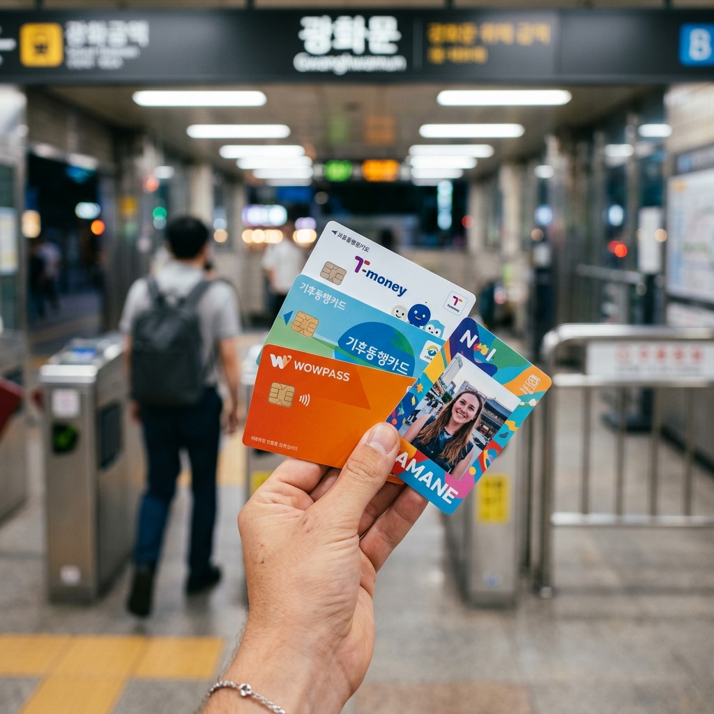 Hand holding up four Korean smart transit cards in front of Seoul subway turnstiles