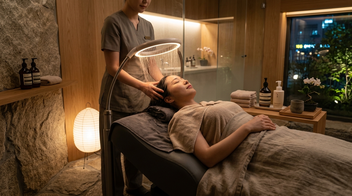 A serene luxurious Korean head spa treatment room in Seoul with a relaxing water halo ring shower soothing the client