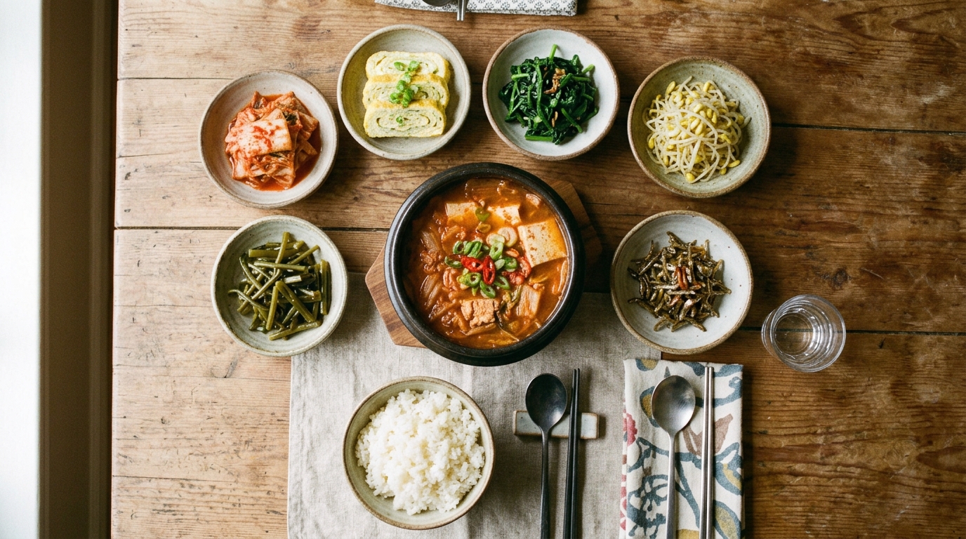 Overhead view of a Korean home-cooked meal — a bowl of rice, a pot of kimchi stew, and seven small banchan side dishes on a wooden table