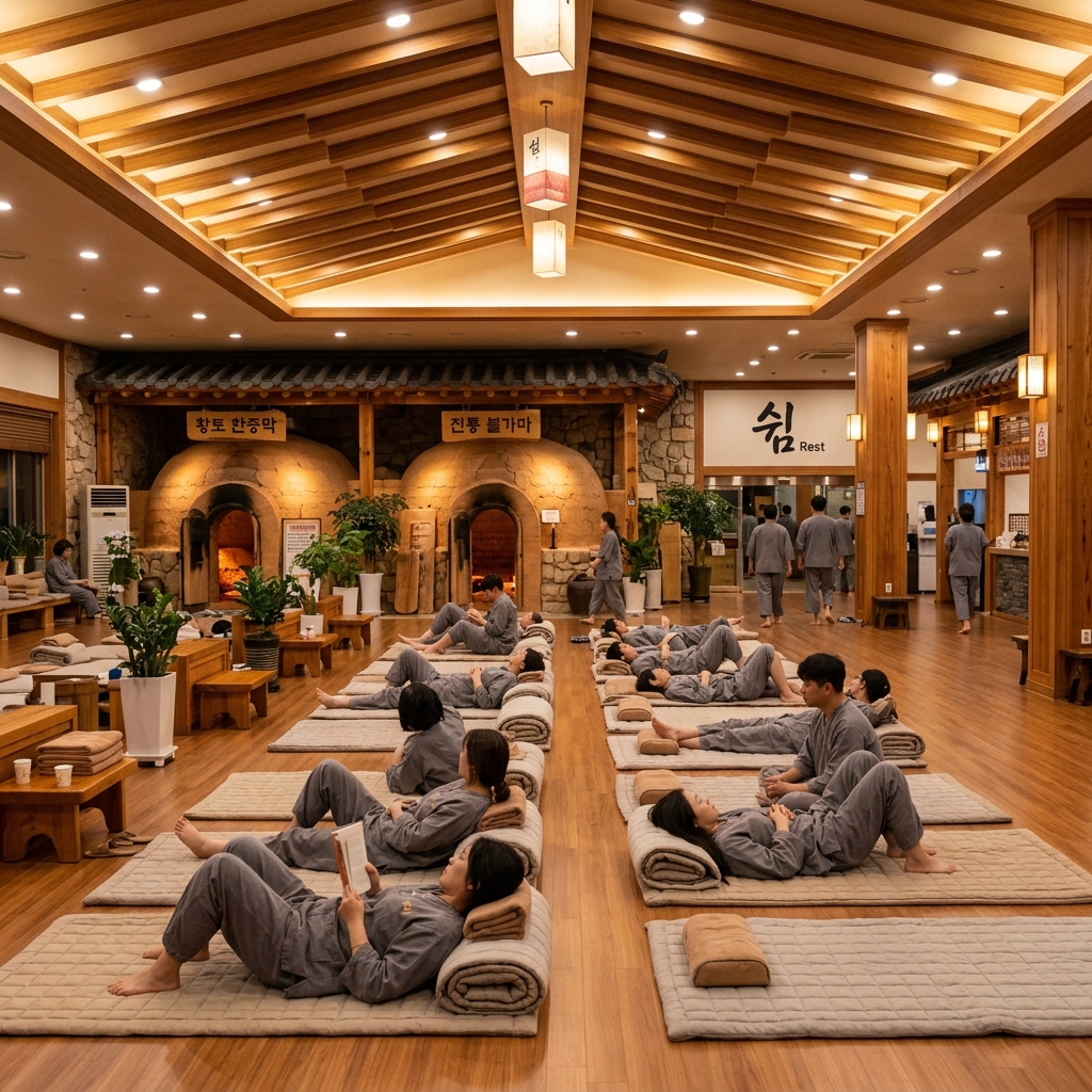 Peaceful communal lounge in a traditional Korean jjimjilbang