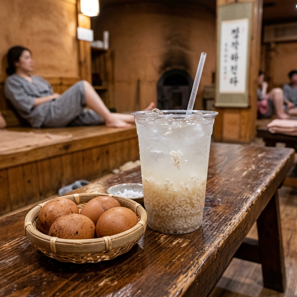Sweet Sikhye rice drink and roasted sauna baked eggs