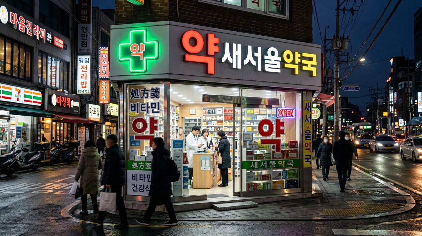 Brightly lit neighborhood pharmacy in Seoul at night with glowing green cross Yak sign