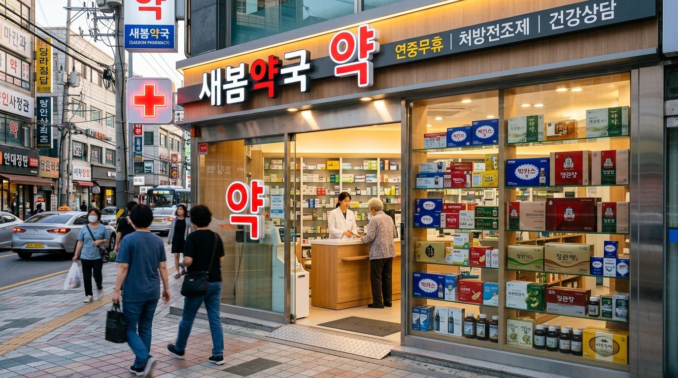 Modern Korean street pharmacy storefront in Seoul with a glowing red Yak sign