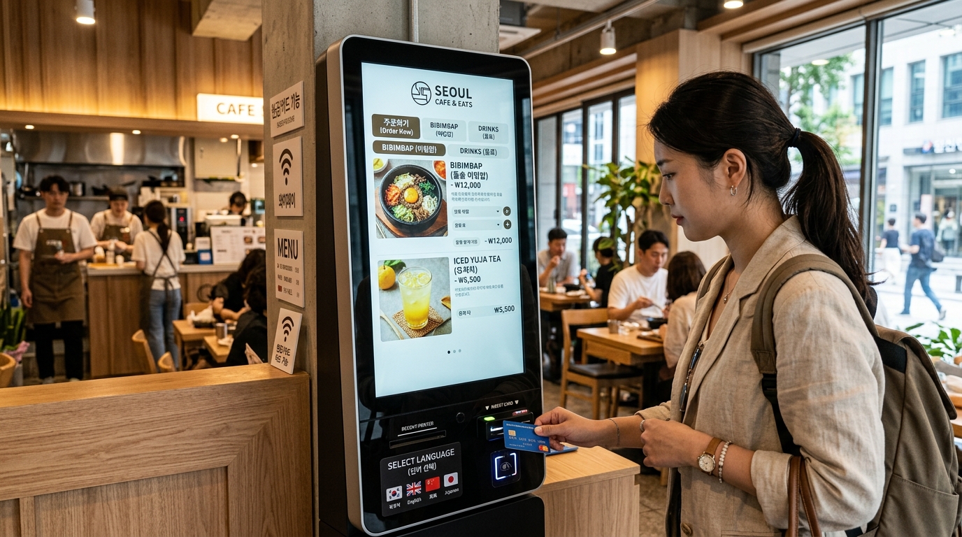 Foreign traveler inserting a credit card into a Korean restaurant self-service ordering kiosk
