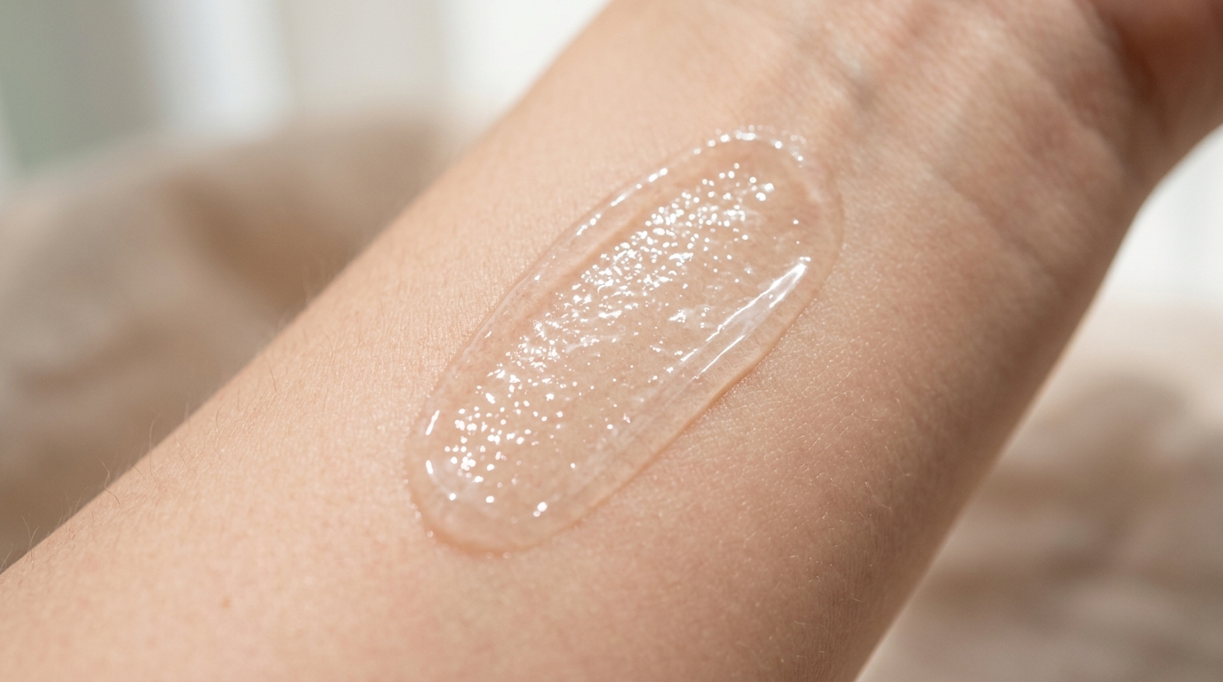Close-up of a clear, watery Korean sunscreen gel smoothed onto skin with no white cast