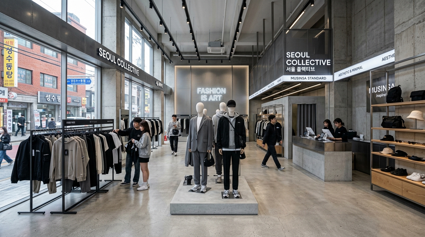 A stylish modern interior of a Musinsa flagship store in Seoul with contemporary streetwear racks and minimalist aesthetic