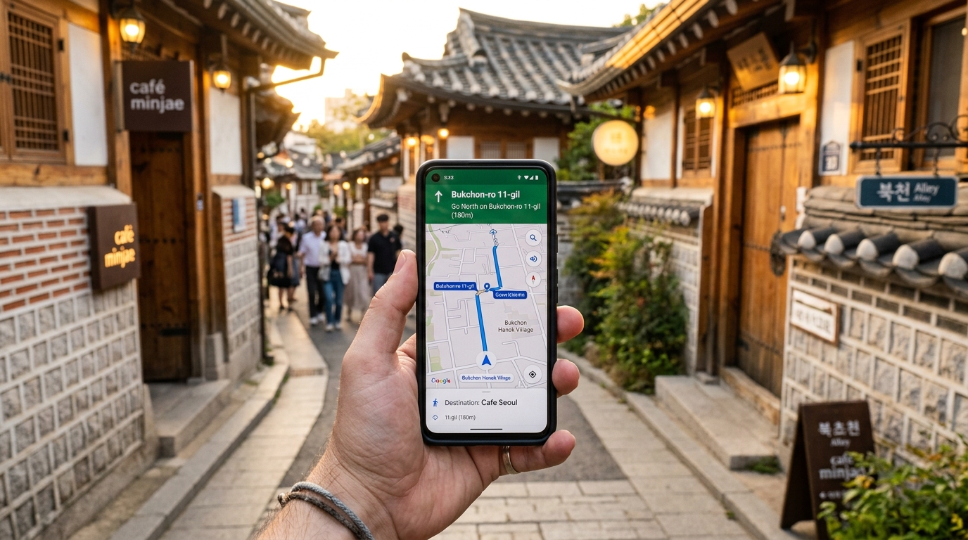 A traveler holding a smartphone showing GPS walking navigation in a scenic Seoul hanok alleyway