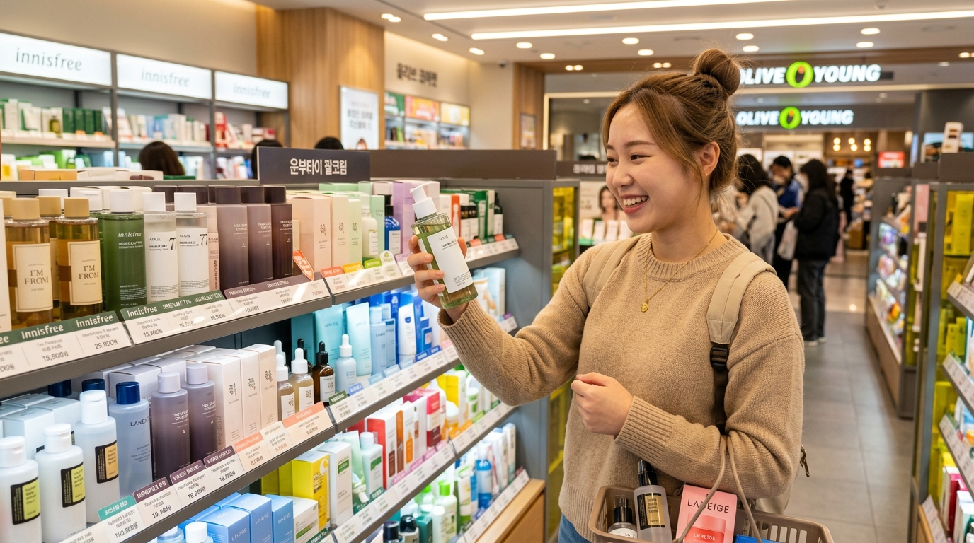 A young female traveler happily browsing fully stocked Korean skincare shelves in a quiet Seoul Olive Young branch