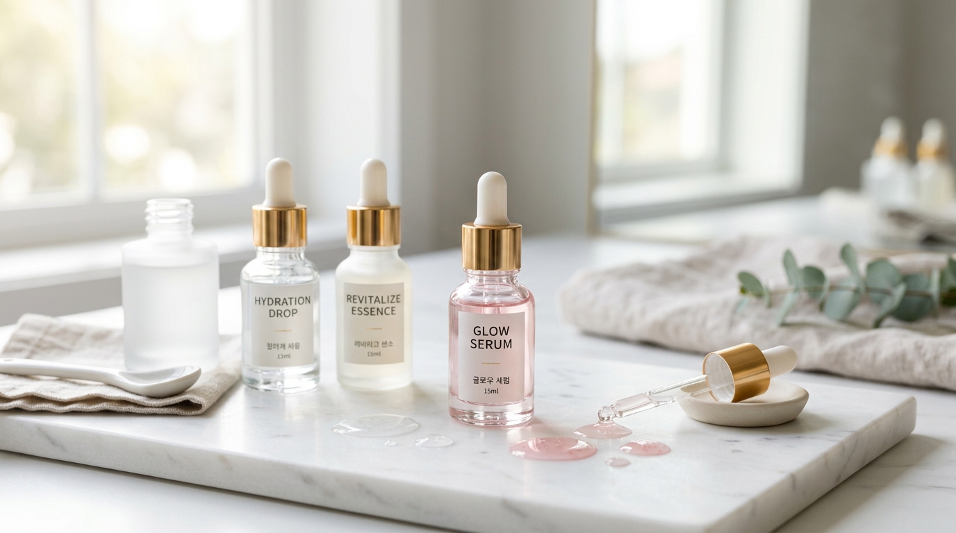 Luxury glass ampoule bottles with pink and clear PDRN serum droplets on a clean minimalist spa vanity