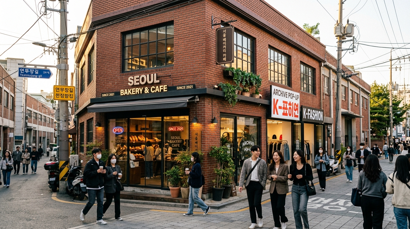 A trendy red-brick street corner in Seongsu-dong, Seoul with stylish bakery cafe and fashion pop-up stores with fashionable crowds
