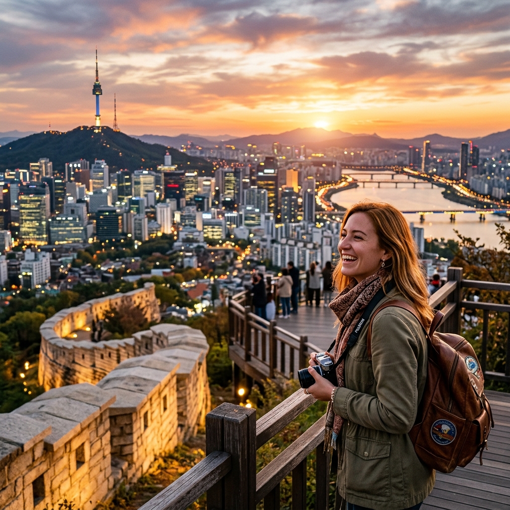 A happy international traveler standing on scenic overlook terrace in Seoul at golden hour sunset with city skyline