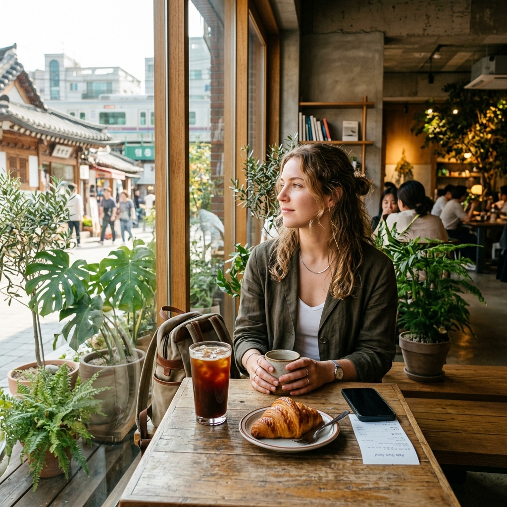A foreign traveler enjoying coffee and pastry by a large sunny window in an aesthetic Seoul cafe