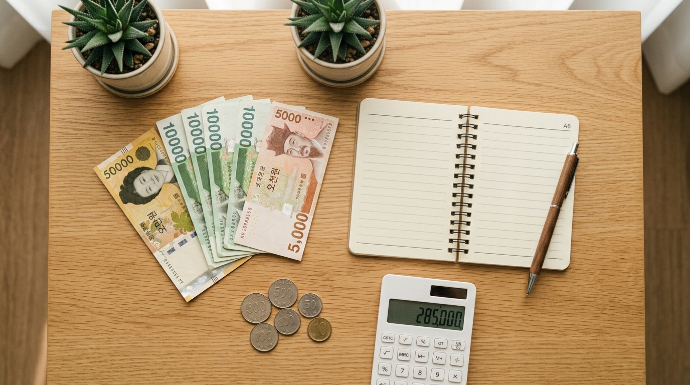 Korean won banknotes and coins fanned out beside a notebook and calculator on a wooden desk