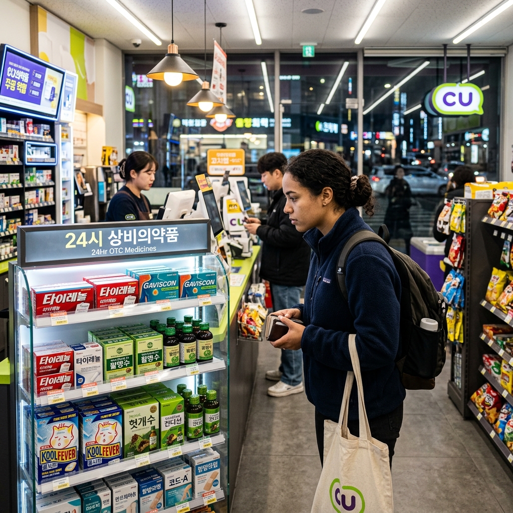 Foreign traveler looking at 24-hour OTC medicine shelf inside CU convenience store in Seoul at night