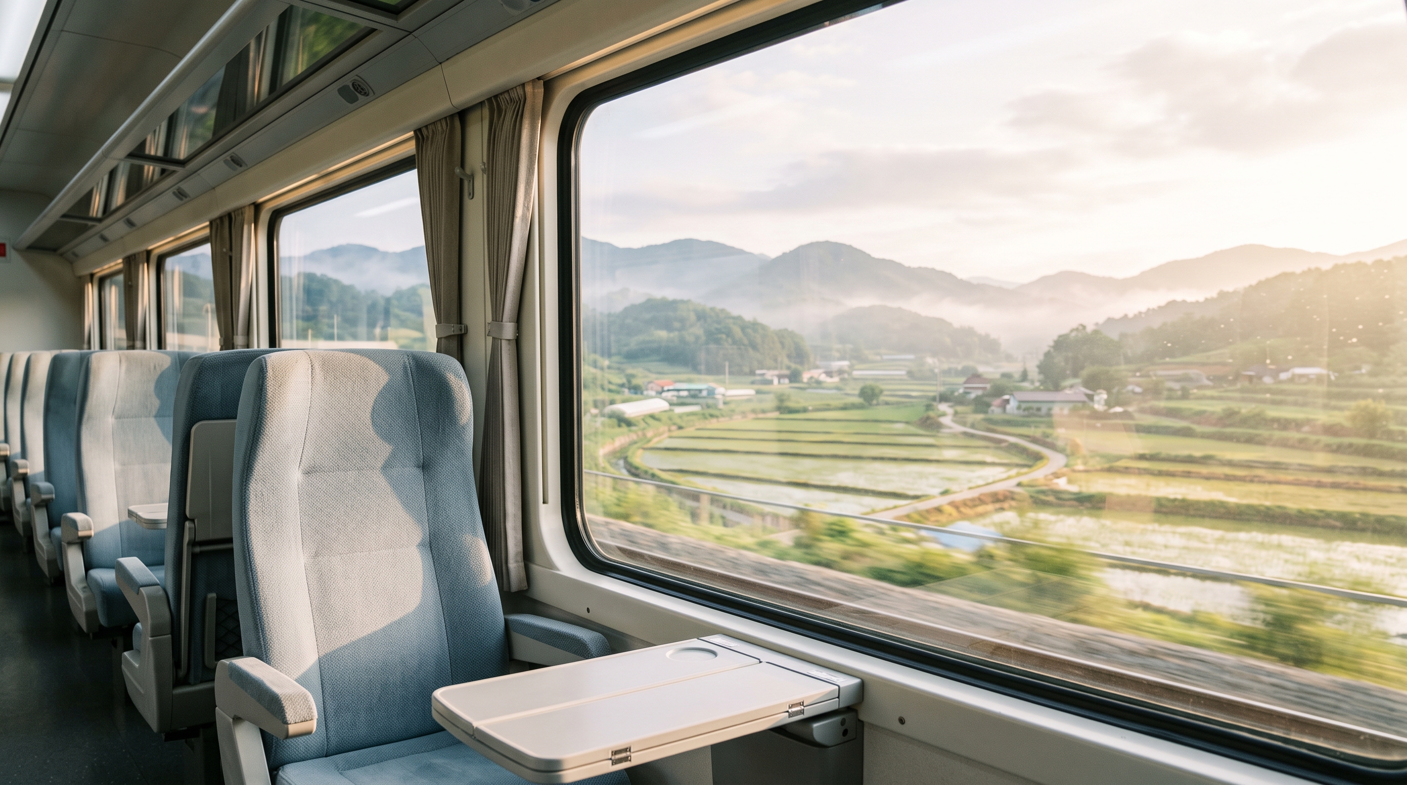The view from a quiet Korean train slipping past misty hills and rice paddies at dawn, an empty seat in the foreground