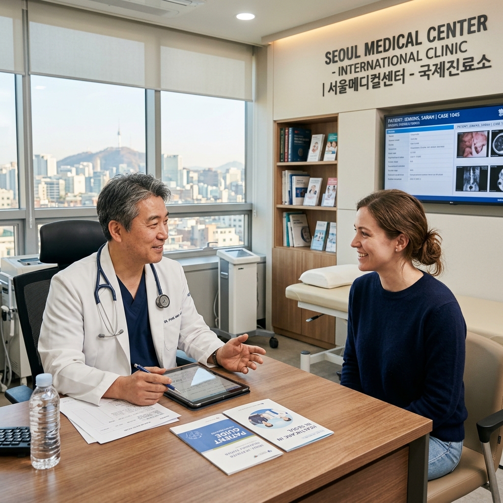 International patient consulting with professional Korean doctor in modern Seoul hospital clinic