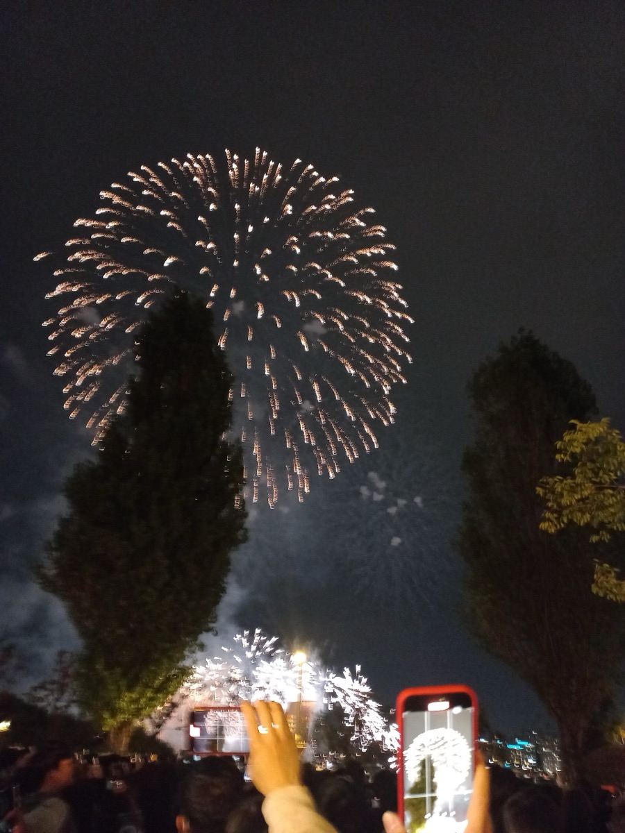 The crowd at Yeouido raising phones as fireworks explode overhead — this is what a million-person audience looks like