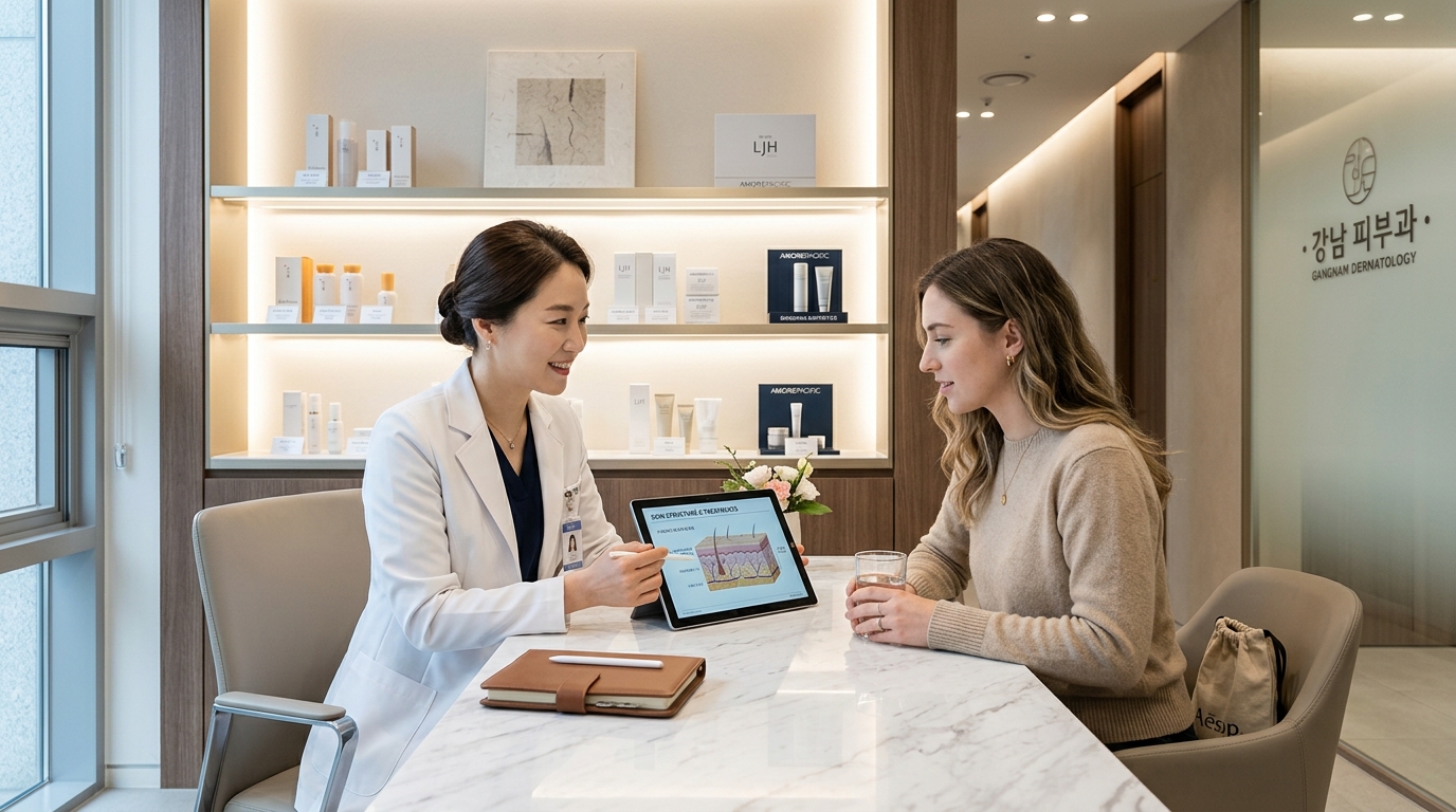 Doctor and patient consulting on skin treatments at modern Gangnam dermatology clinic in Seoul