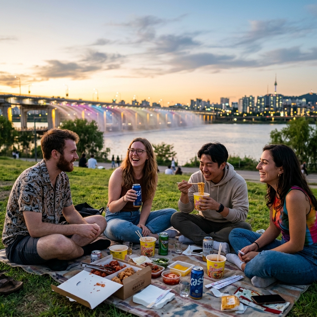 Foreign travelers enjoying fried chicken, canned beer, and ramen picnic along the Han River in Seoul at sunset