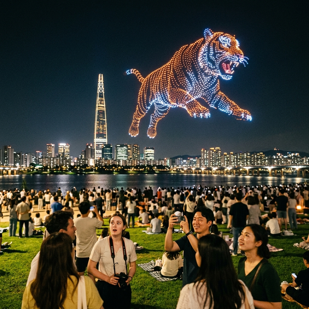 Hundreds of glowing LED drones creating a 3D luminous tiger artwork above the Han River in Seoul at night