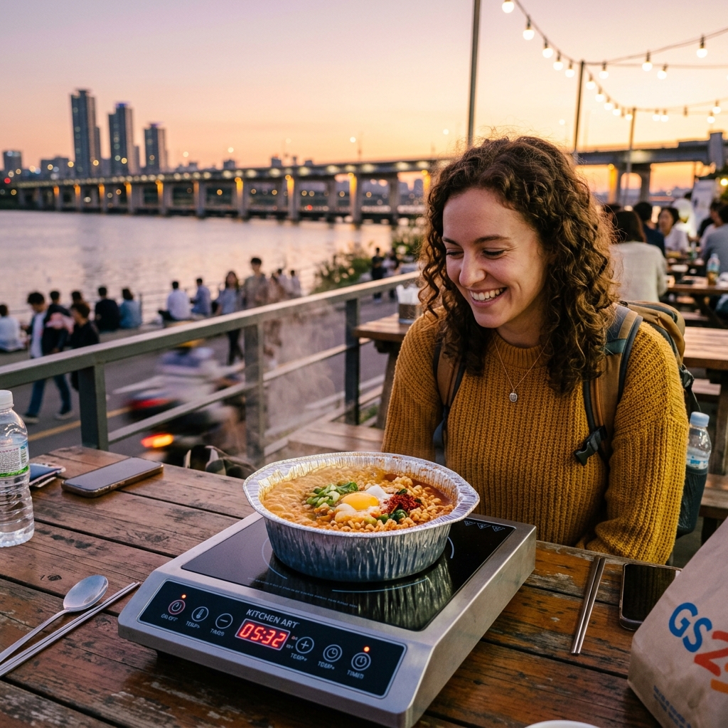 International tourist smiling while cooking instant ramen on induction machine overlooking Han River in Seoul