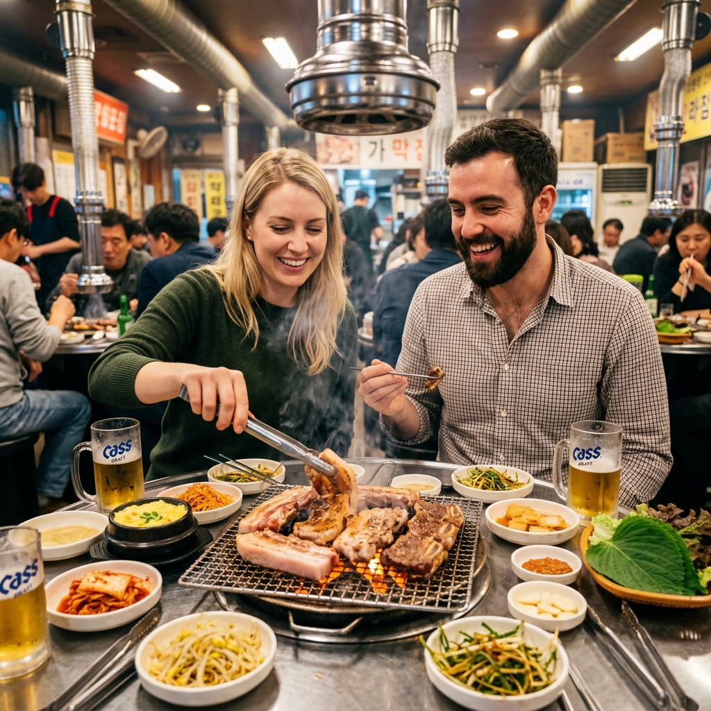 International couple smiling while grilling pork belly and beef ribs on charcoal K-BBQ grill in Seoul