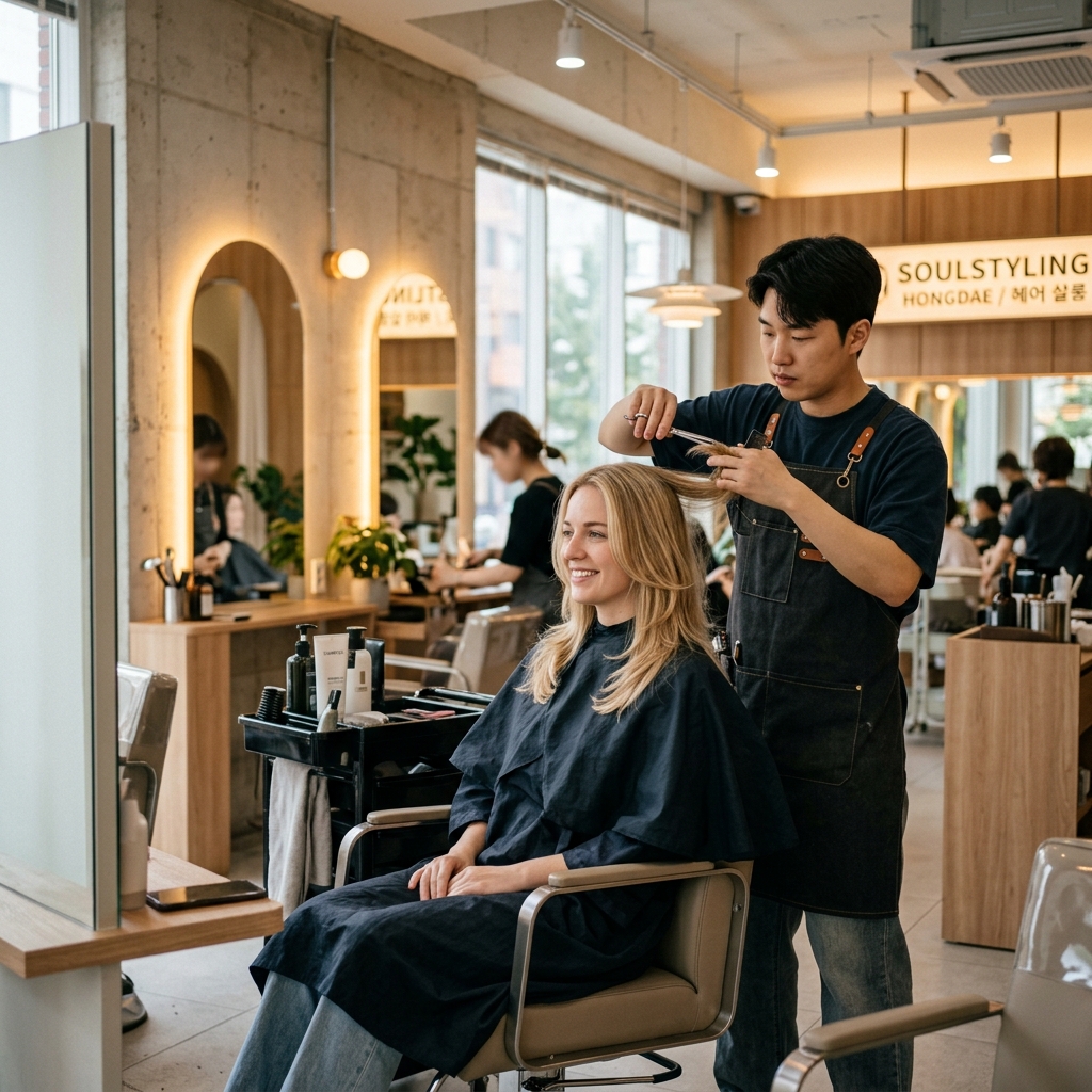 International tourist receiving a layered haircut and styling at modern Hongdae hair salon in Seoul