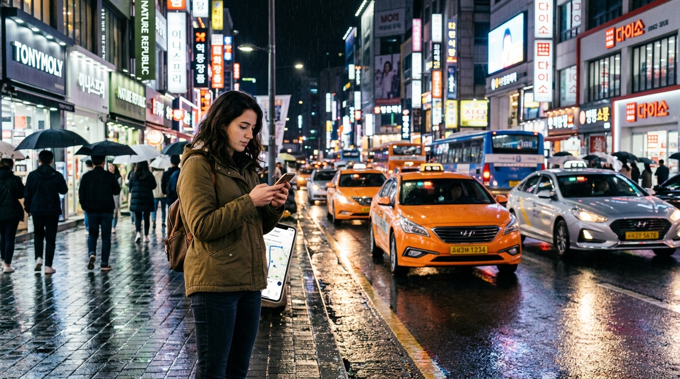 A traveler standing on a bustling Seoul city street at night holding a smartphone showing a taxi hailing app with orange and silver Seoul taxis
