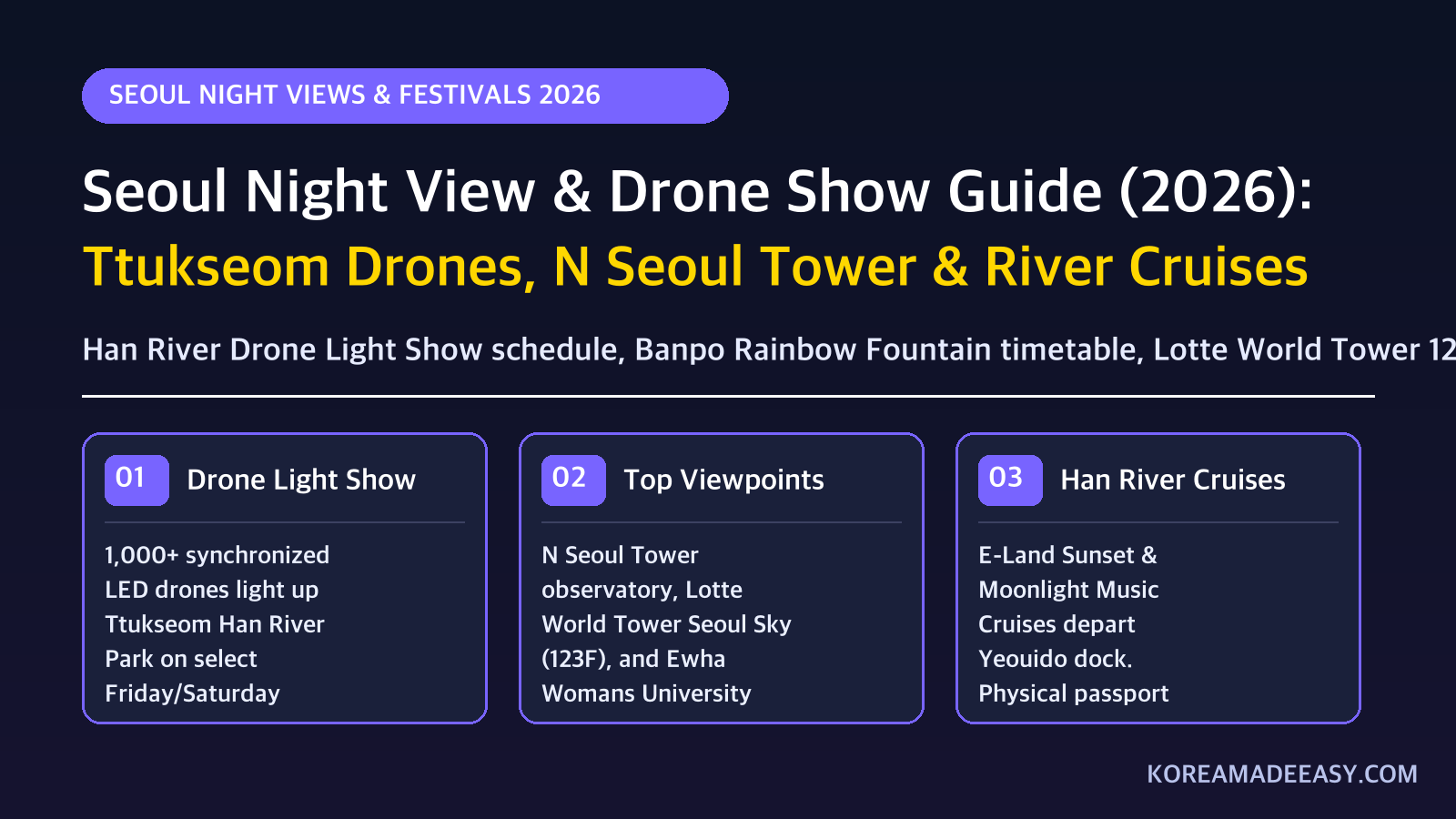 Seoul Night View & Drone Show Guide (2026): Ttukseom Drones, Towers & River Cruises