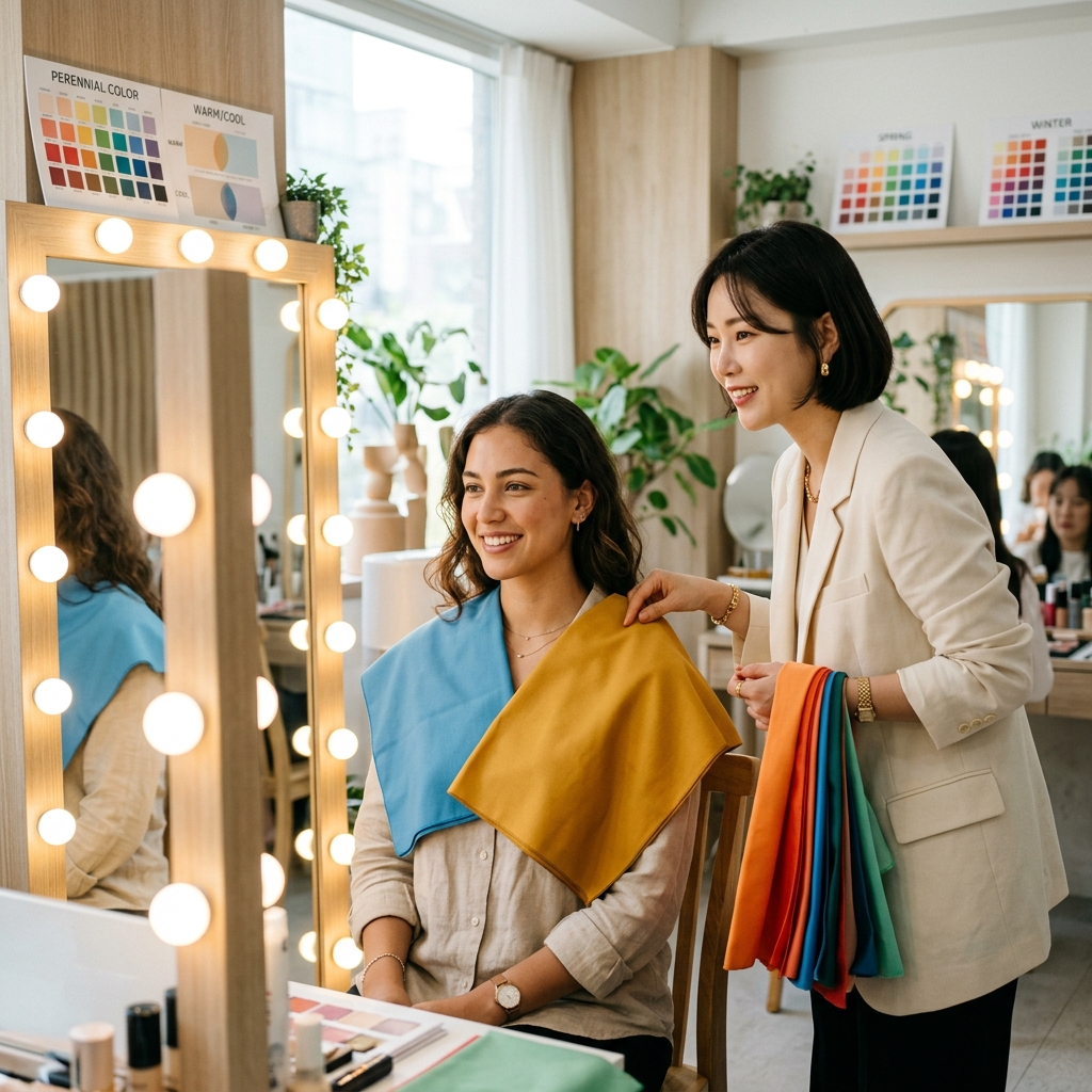 Foreign tourist receiving a personal color draping analysis in modern Seoul beauty studio
