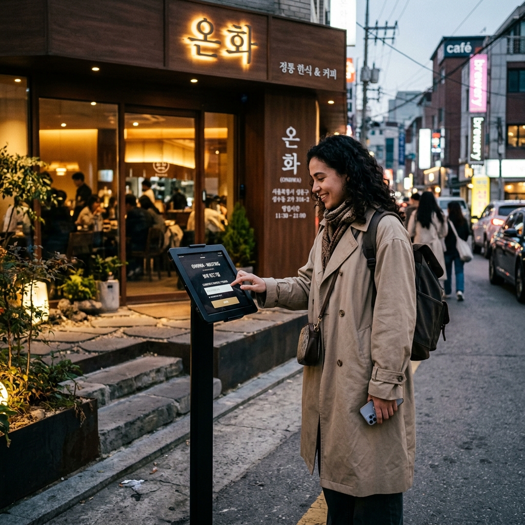Foreign tourist operating a digital restaurant waiting queue iPad stand in Seongsu-dong Seoul