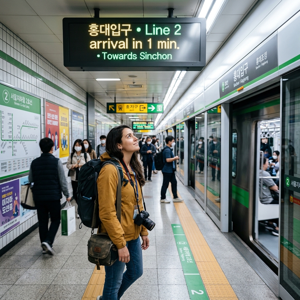 International traveler standing on modern Seoul Subway Line 2 platform looking at digital arrival sign