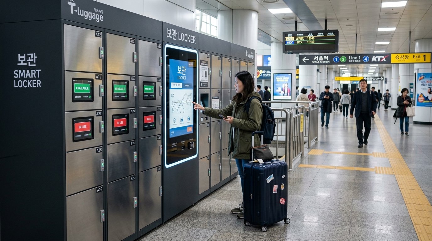 A modern digital luggage locker bank in a bright Seoul subway station with an international traveler storing a rolling suitcase